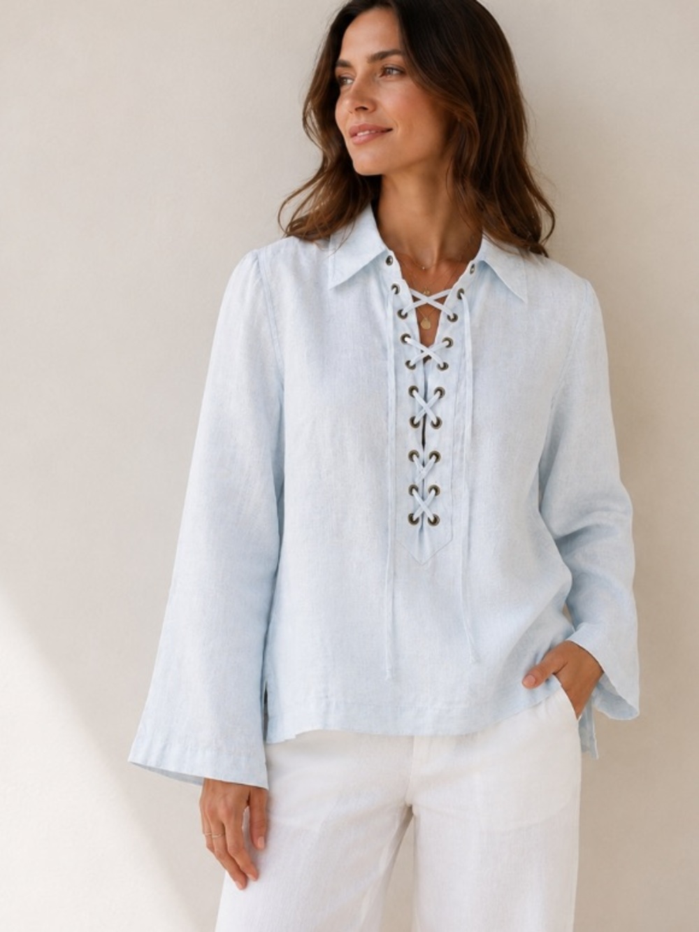 Banana Republic Light Blue Lace-Up Linen Blend Blouse